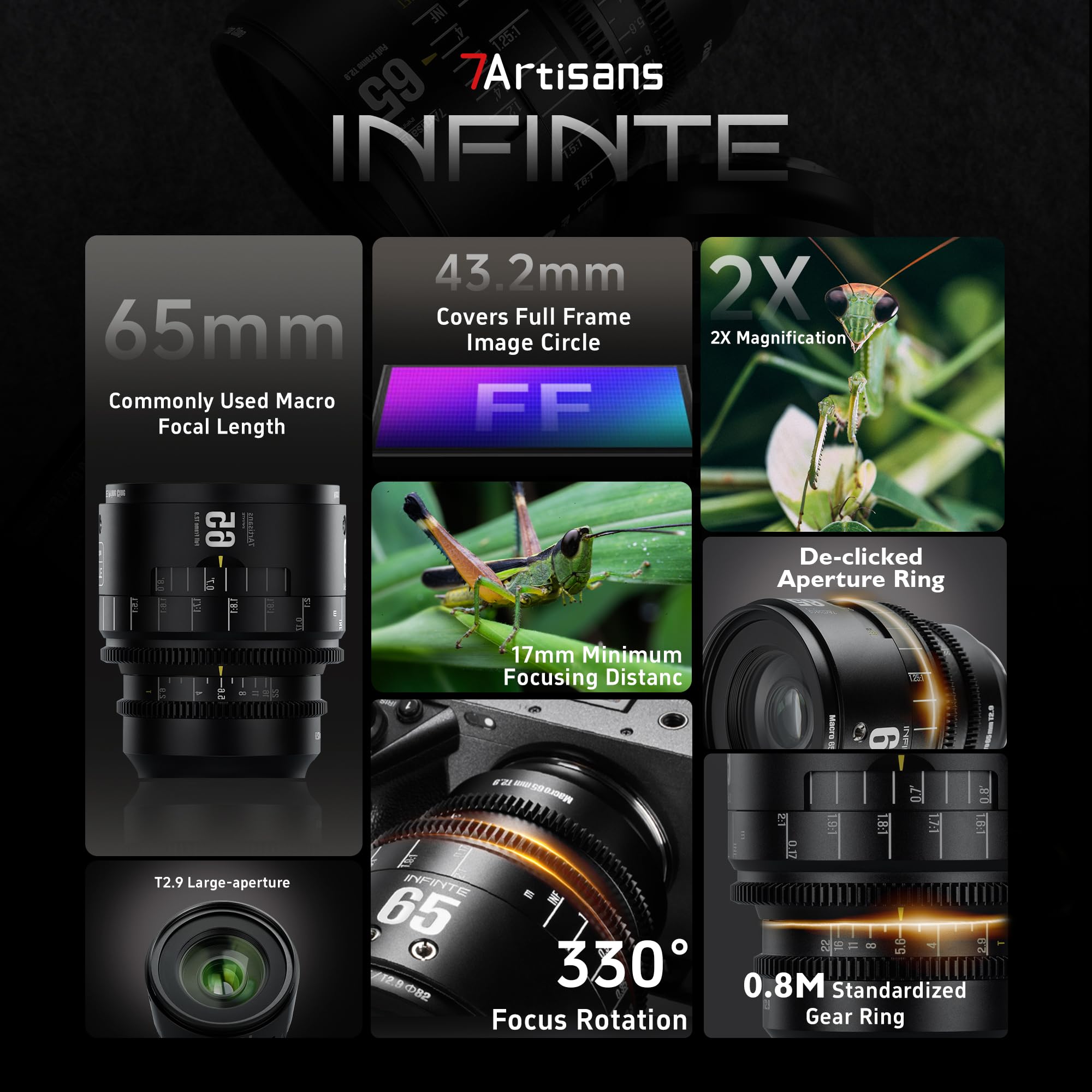 7artisans 65mm T2.9 Cine Camera Lens,Full Frame 2X Macro Prime